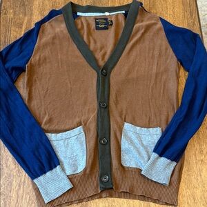 Men's Brown and Blue Cardigan Sweater